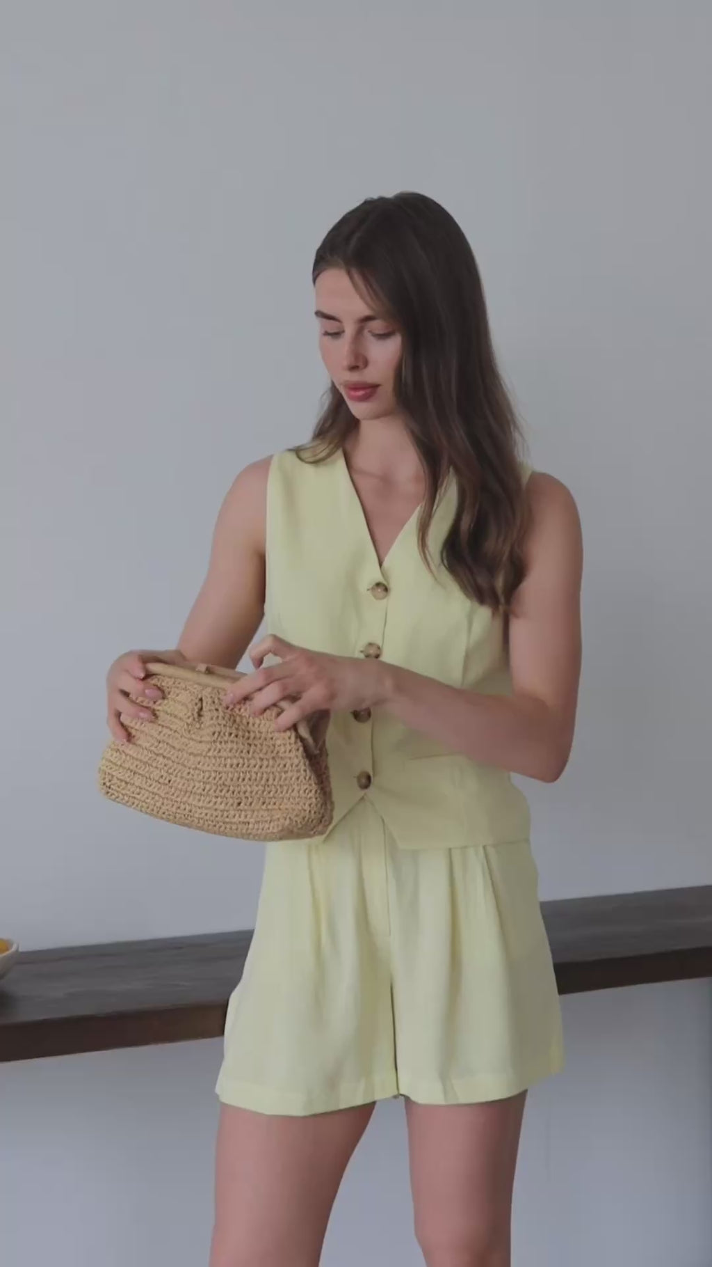 Butter Yellow %100 Organik Keten Yelek-Şort Takım