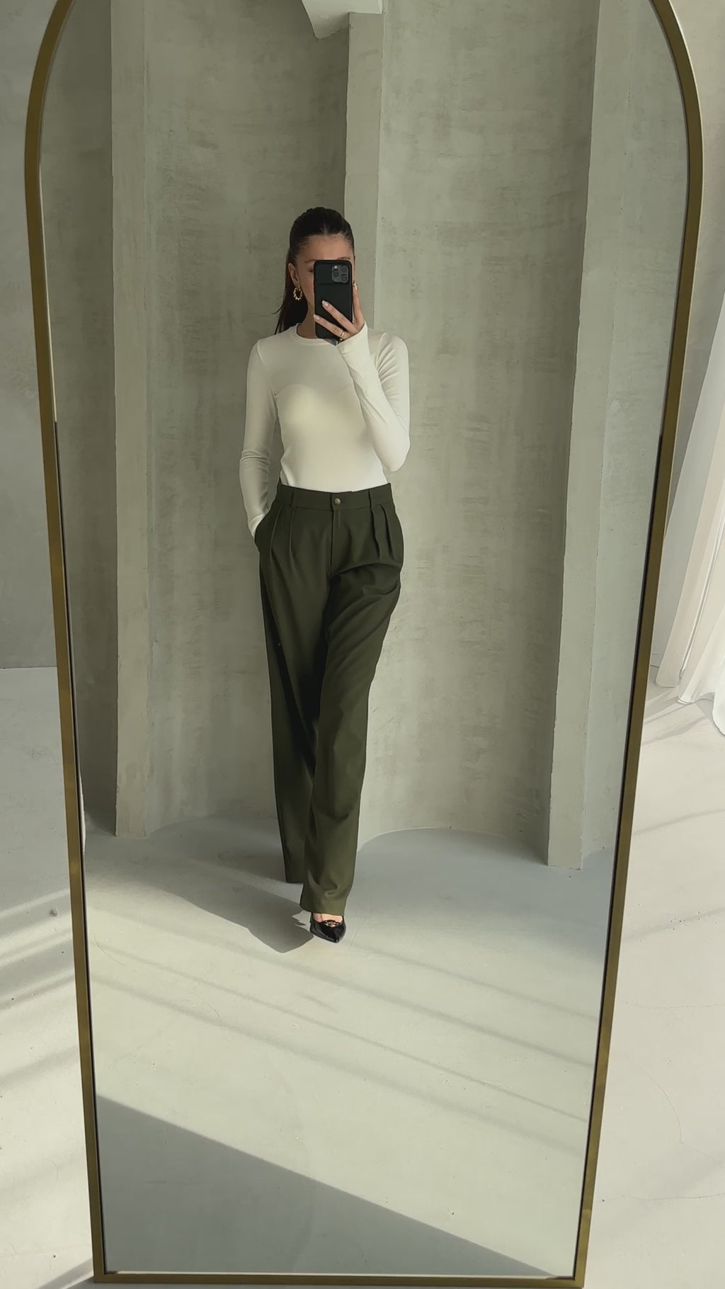 Haki Premium Kumaş Yüksek Bel Bol Kesim Palazzo Pantolon