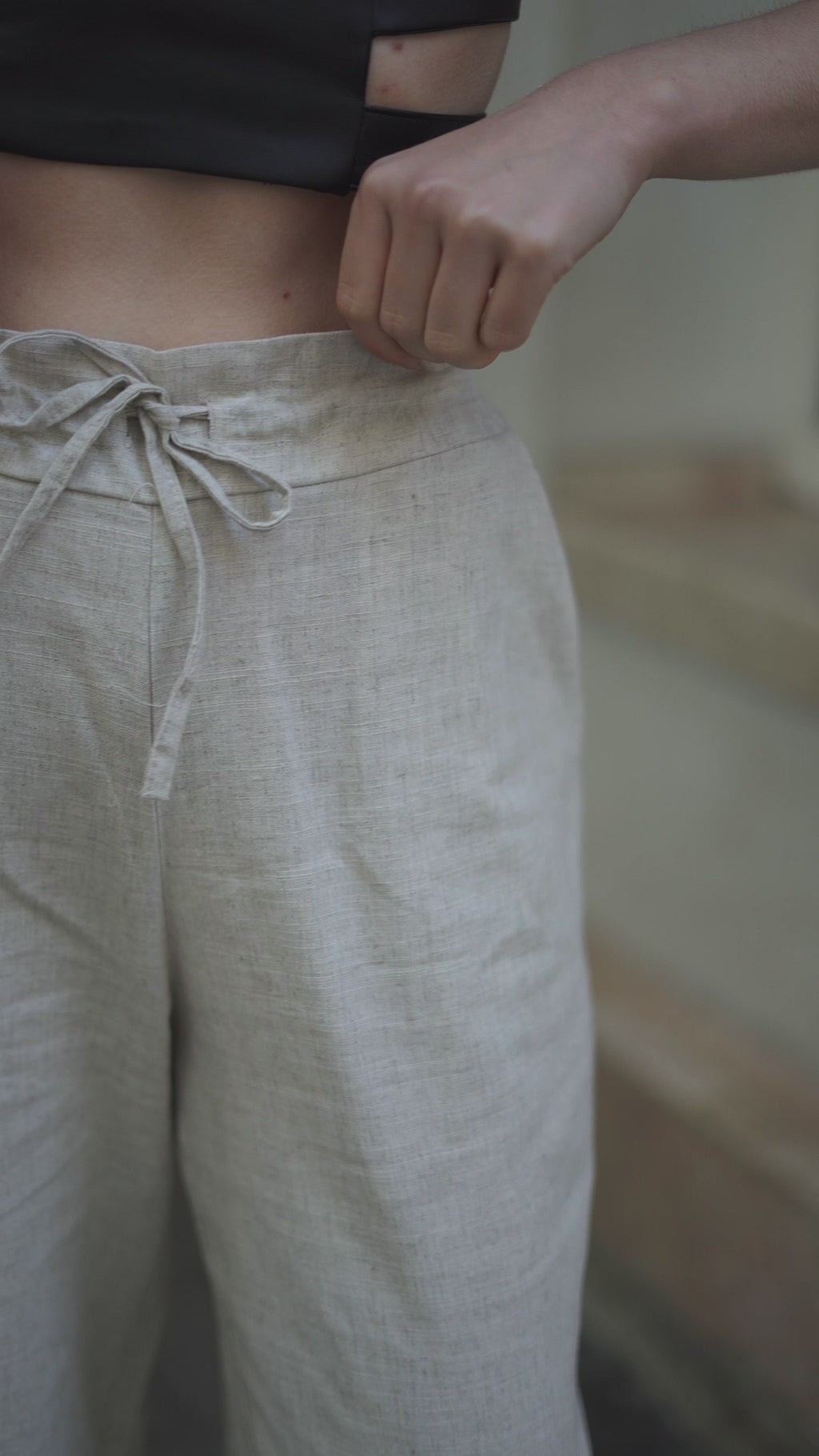 Açık Krem %100 Organik Keten Yüksek Bel Pantolon