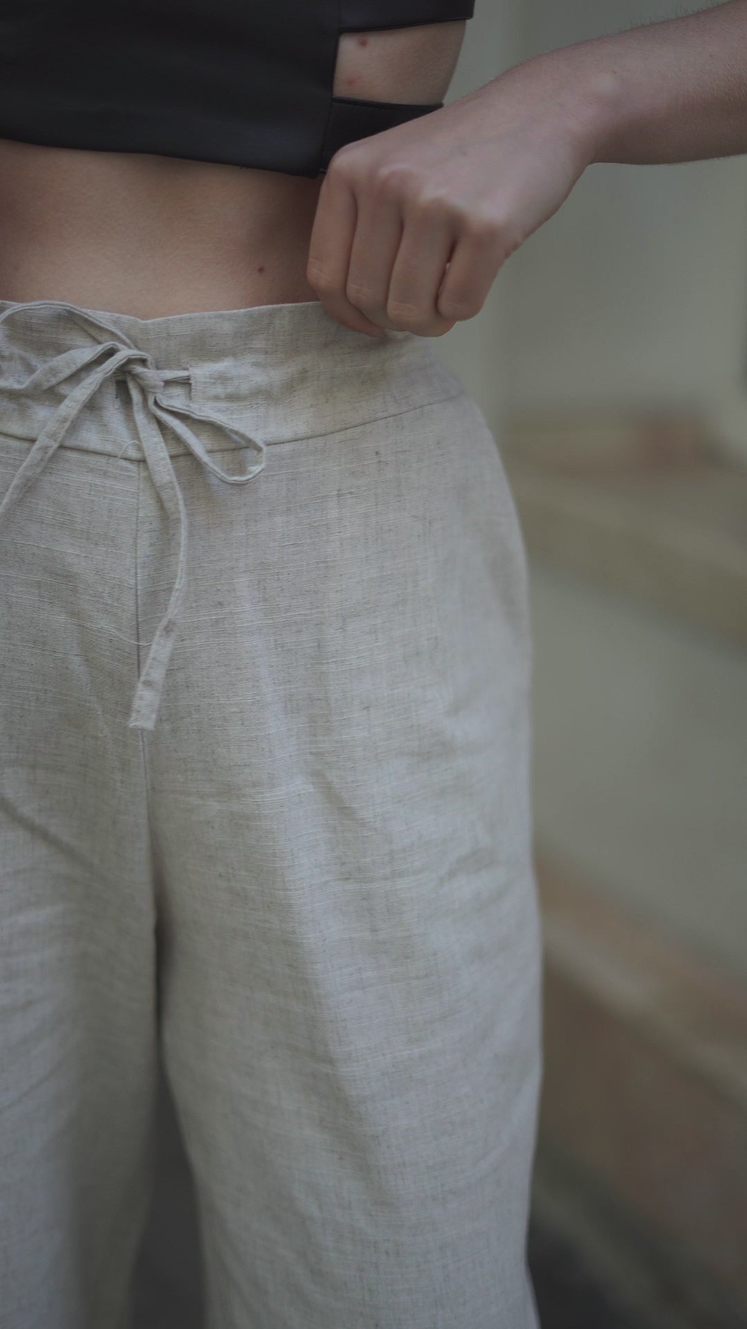 Açık Krem %100 Organik Keten Yüksek Bel Pantolon