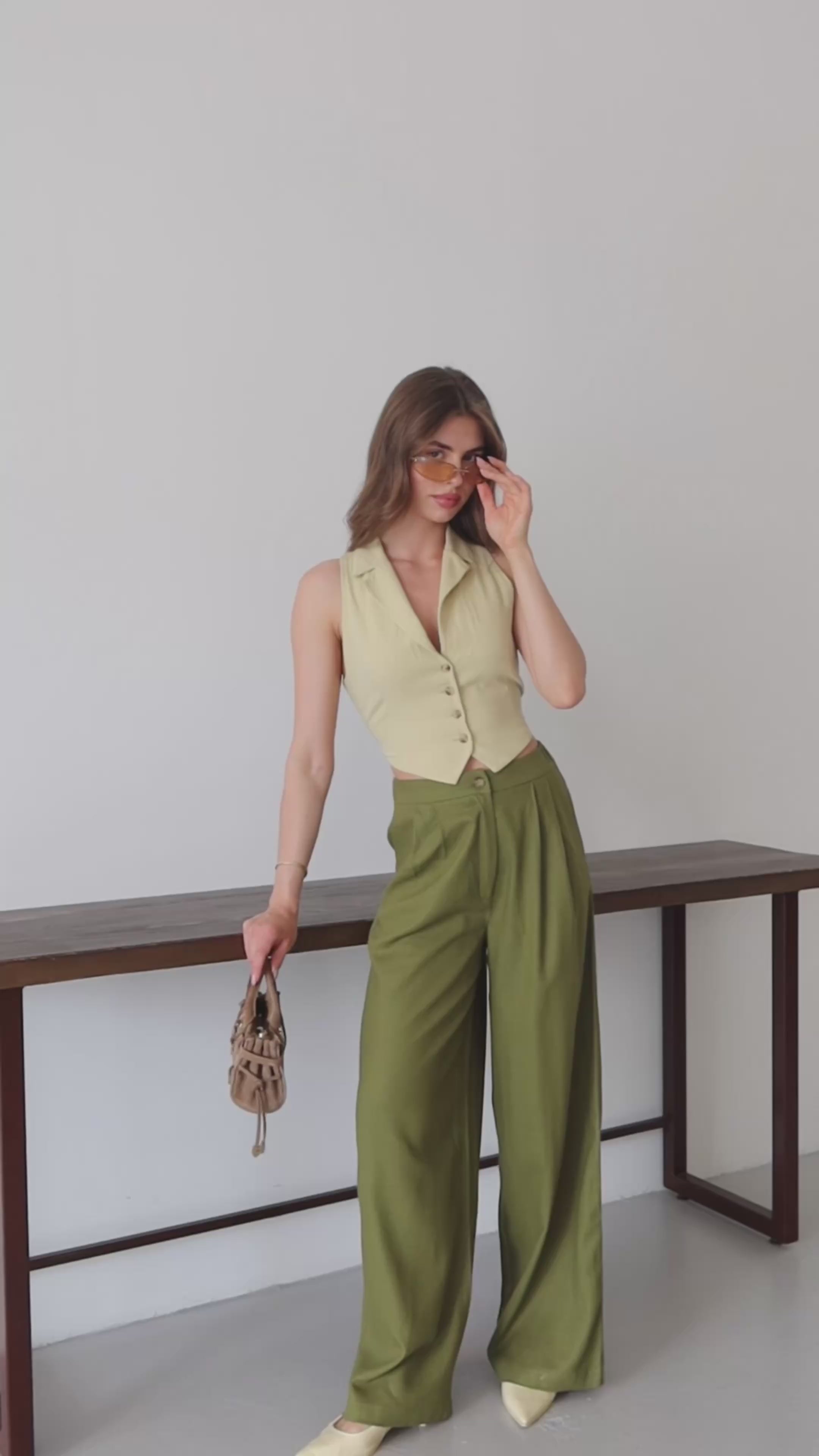 Yaz Yeşili %100 Organik Keten Yüksek Bel Pantolon