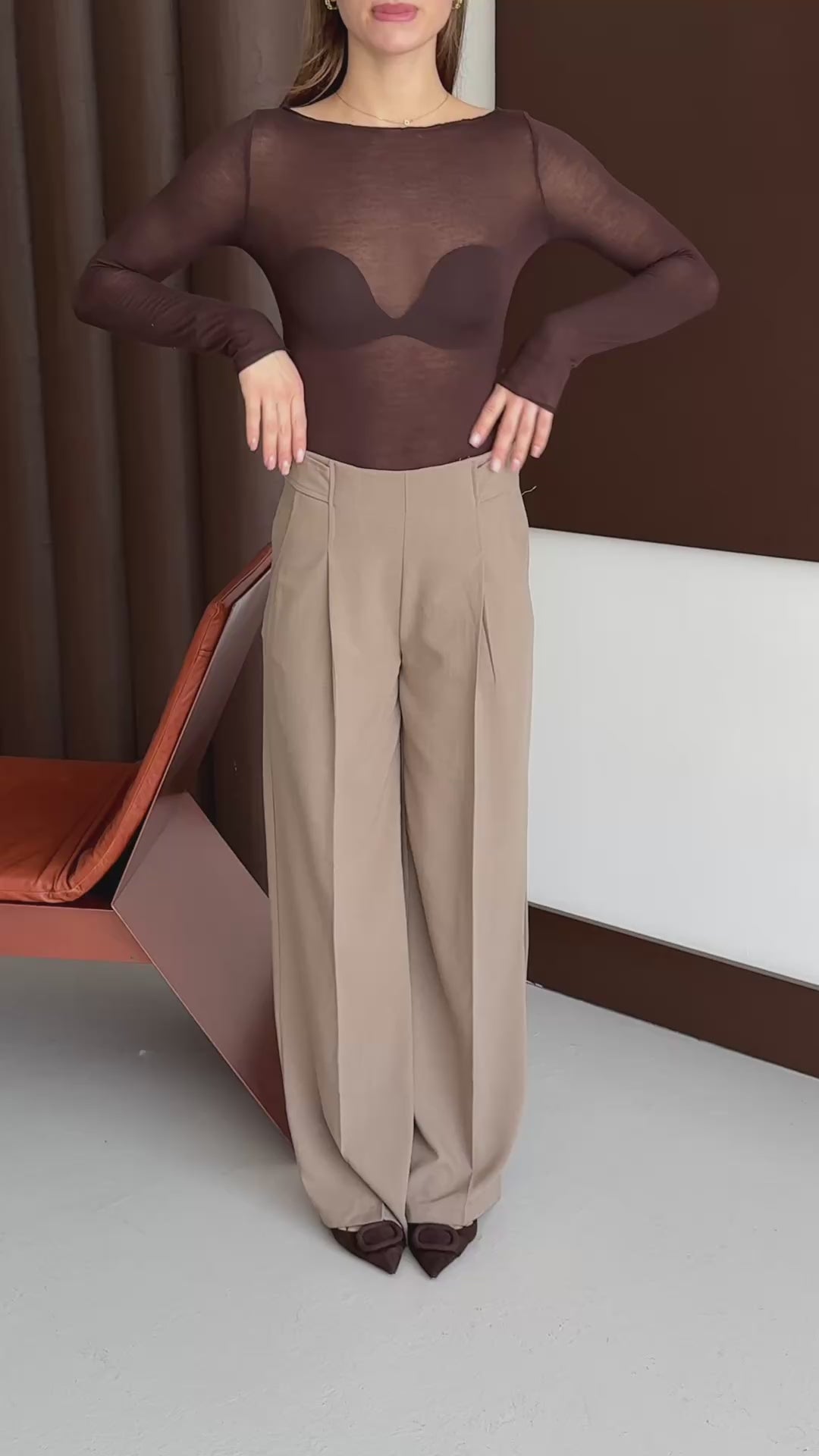 Latte Premium Kumaş Düğme Detaylı Yüksek Bel Palazzo Pantolon