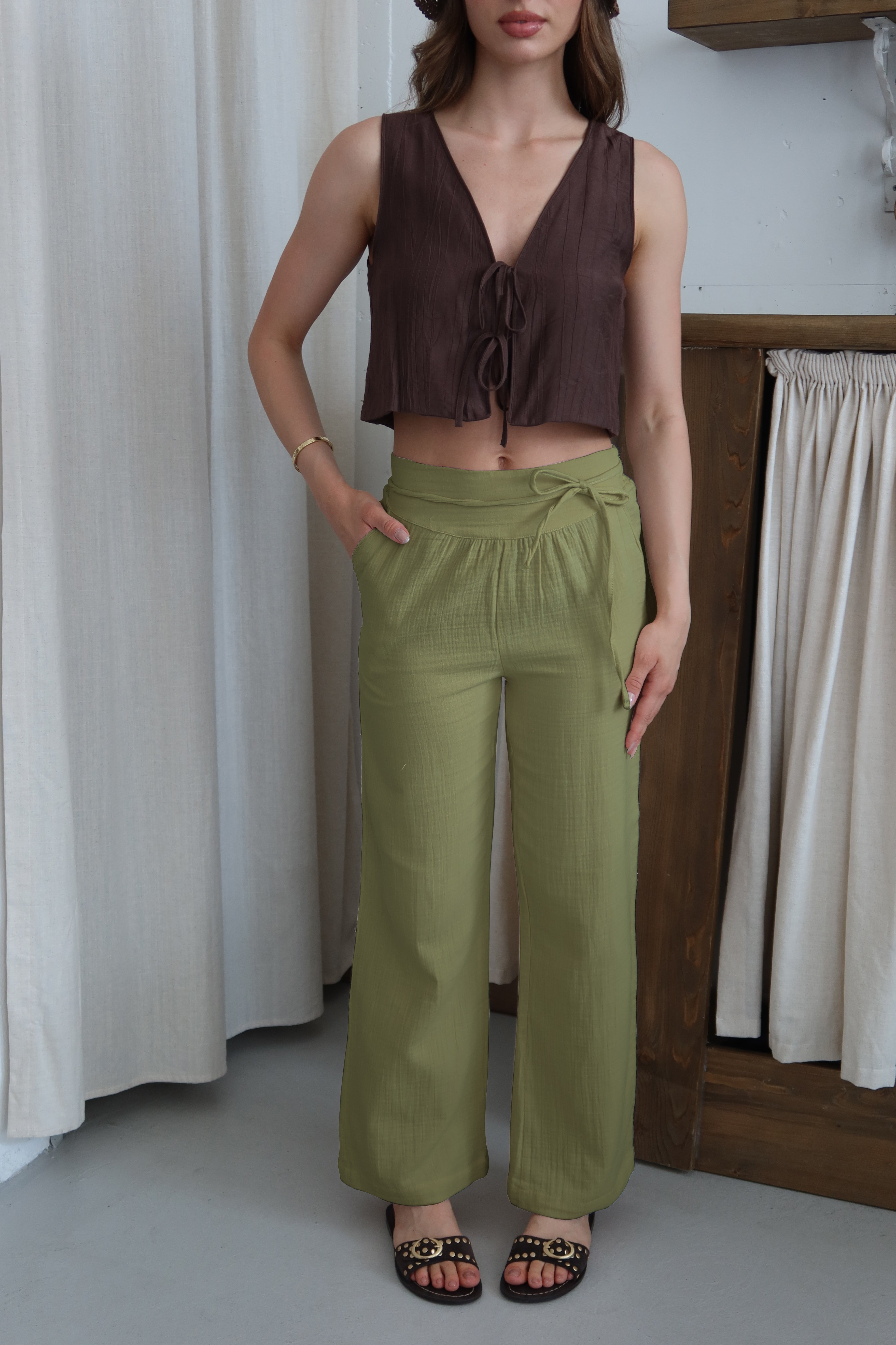 Çağla Yeşil %100 Organik Pamuk Müslin Pantolon