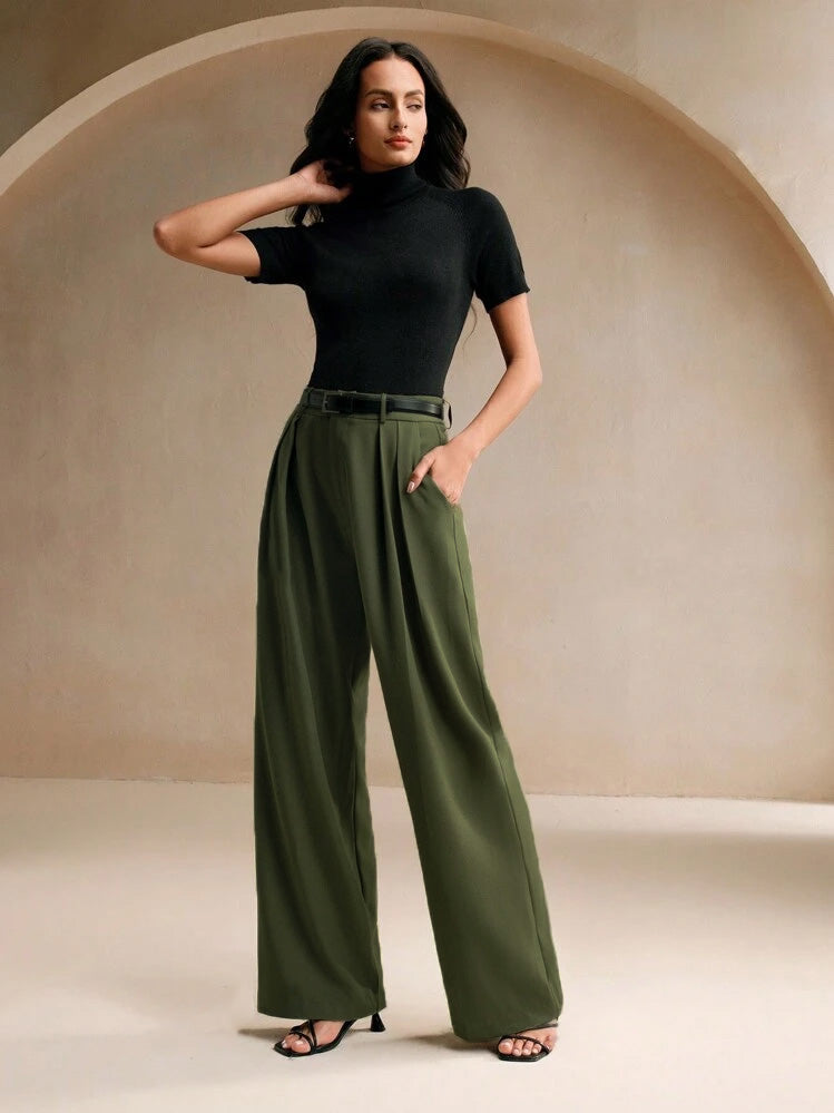 Haki Premium Kumaş Yüksek Bel Bol Kesim Palazzo Pantolon