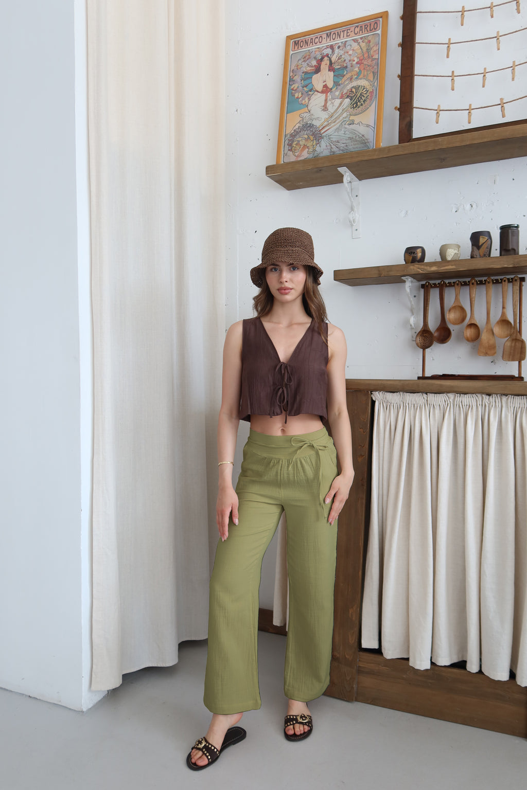 Çağla Yeşil %100 Organik Pamuk Müslin Pantolon