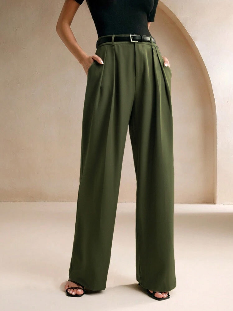 Haki Premium Kumaş Yüksek Bel Bol Kesim Palazzo Pantolon